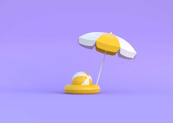 Esernyő Labda Úszógyűrű Lila Alapon Minimális Kreatív Nyári Vakáció Koncepció — Stock Fotó