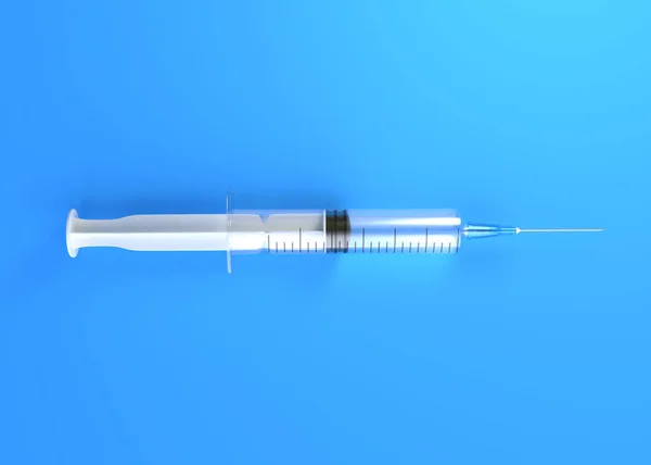青い背景に隔離された空の注射器の閉鎖 コピースペース付きのトップビュー 医療創造の概念 3Dレンダリング3Dイラスト — ストック写真