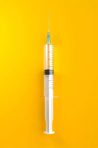 黄色の背景に隔離された空の注射器の閉鎖 コピースペース付きのトップビュー 医療創造の概念 3Dレンダリング3Dイラスト — ストック写真