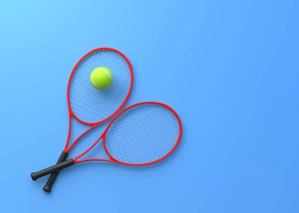 带蓝色背景网球球的网球拍 顶部视图 3D渲染说明 — 图库照片