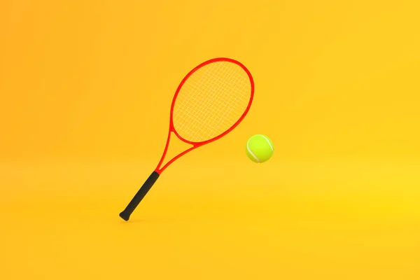 Tenisz Ütő Tenisz Labda Sárga Alapon Előre Nézz Renderelés Illusztráció — Stock Fotó