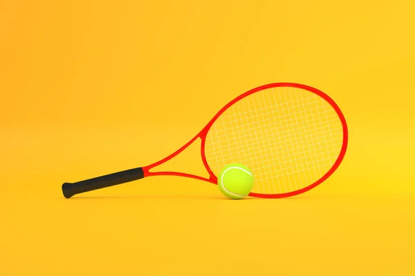 Tennis Racket Med Tennisboll Gul Bakgrund Framifrån Återgivningsillustration — Stockfoto
