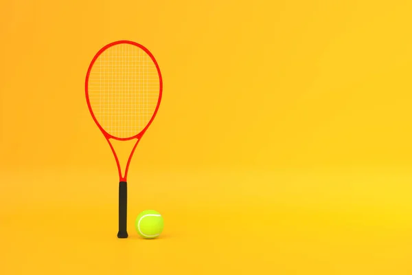 Raqueta Tenis Con Pelota Tenis Sobre Fondo Amarillo Vista Frontal —  Fotos de Stock