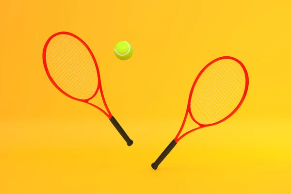 黄色の背景にテニスボール付きテニスラケット 正面図 3Dレンダリングイラスト — ストック写真