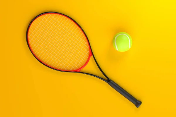 Raqueta Tenis Con Pelota Tenis Sobre Fondo Amarillo Vista Superior —  Fotos de Stock