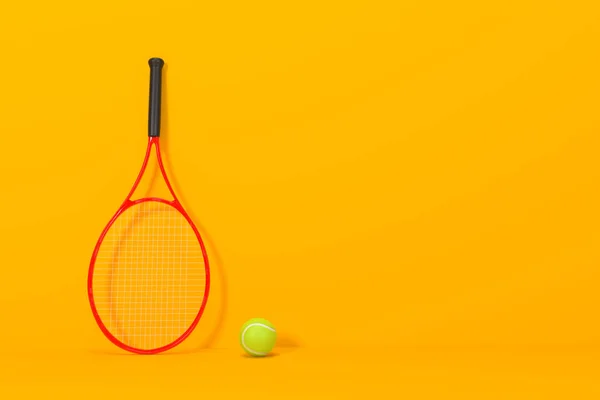 Tenis Raketi Sarı Arka Planda Tenis Topu Manzara Resim Hazırlama — Stok fotoğraf