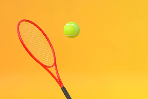 Raqueta Tenis Con Pelota Tenis Sobre Fondo Amarillo Vista Frontal —  Fotos de Stock