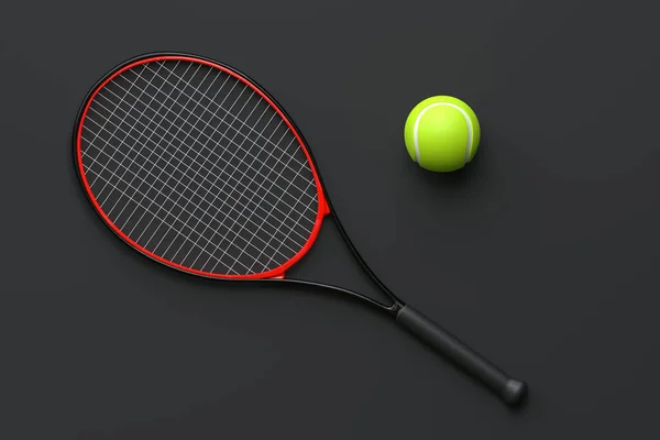 Tennis Racket Med Tennisboll Svart Bakgrund Högst Upp Återgivningsillustration — Stockfoto