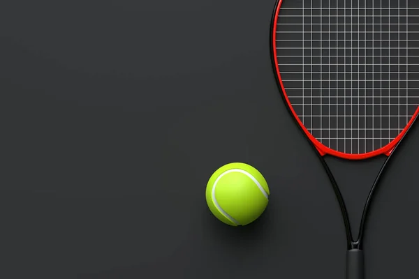 Raqueta Tenis Con Pelota Tenis Sobre Fondo Negro Vista Superior —  Fotos de Stock