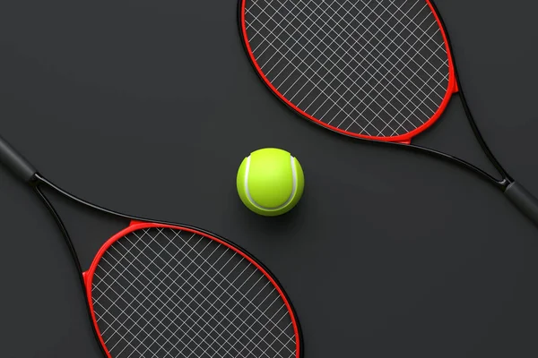 黒を背景にテニスボール付きテニスラケット 最上階だ 3Dレンダリングイラスト — ストック写真