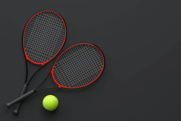 黒を背景にテニスボール付きテニスラケット 最上階だ 3Dレンダリングイラスト — ストック写真