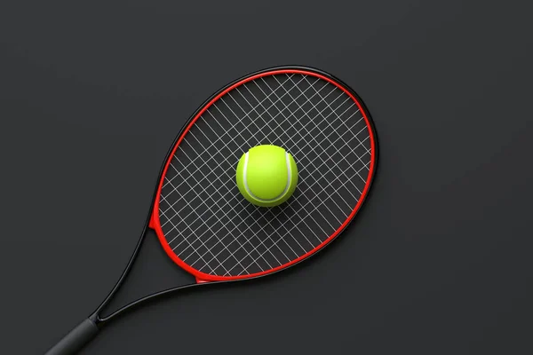 Теннисная Ракетка Теннисным Мячом Черном Фоне Вид Сверху Рендеринг — стоковое фото