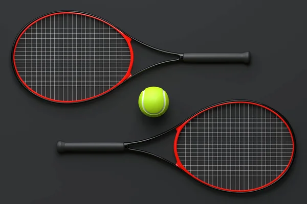 Tenis Racket Mingea Tenis Fundal Negru Privire Sus Redare Ilustrație — Fotografie, imagine de stoc
