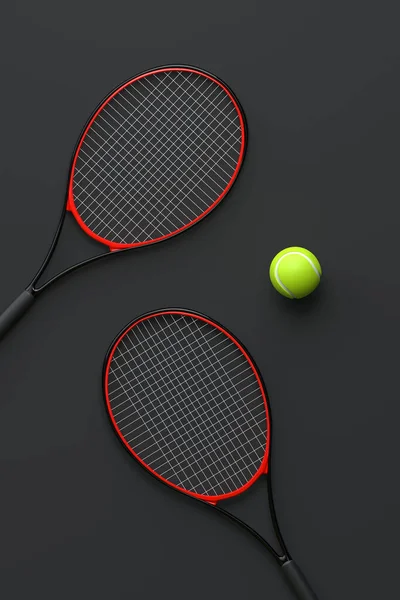 Tennisschläger Mit Tennisball Auf Schwarzem Hintergrund Ansicht Von Oben Darstellung — Stockfoto