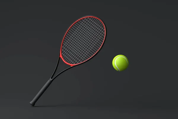 Tennis Racket Met Tennis Ball Een Zwarte Achtergrond Bovenaanzicht Illustratie — Stockfoto