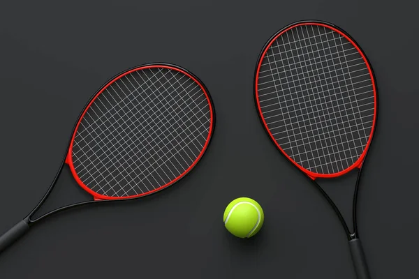 Tennis Racket Med Tennisboll Svart Bakgrund Högst Upp Återgivningsillustration — Stockfoto