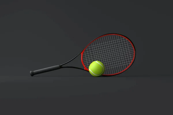 Tennis Racket Tennis Ball Чорному Тлі Передній Вид Рендеринг Ілюстрації — стокове фото