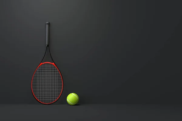 Tenisz Ütő Tenisz Labda Egy Fekete Háttér Előre Nézz Renderelés — Stock Fotó