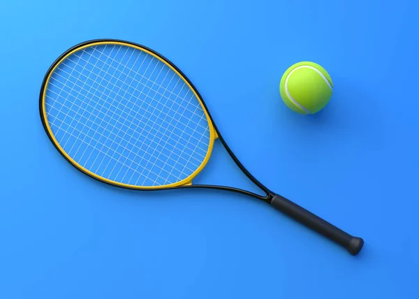 Racket Tenis Mingea Tenis Fundal Albastru Privire Sus Redare Ilustrație — Fotografie, imagine de stoc
