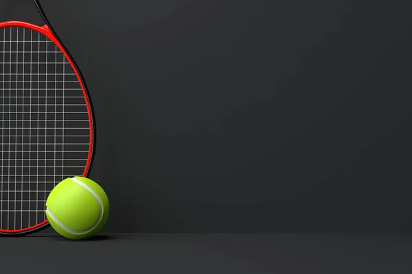 Tennis Racket Med Tennisboll Svart Bakgrund Framifrån Återgivningsillustration — Stockfoto