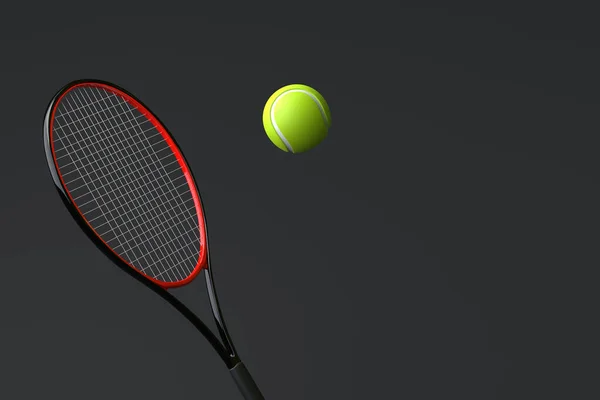 黒を背景にテニスボール付きテニスラケット 正面図 3Dレンダリングイラスト — ストック写真