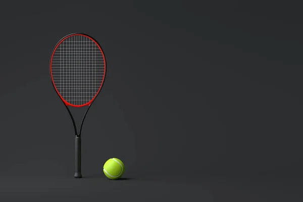 Tennis Racket Tennis Ball Black Background Front View Rendering Illustration — Stock Photo, Image