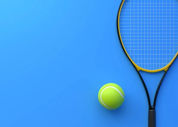 Raqueta Tenis Con Pelota Tenis Sobre Fondo Azul Vista Superior —  Fotos de Stock