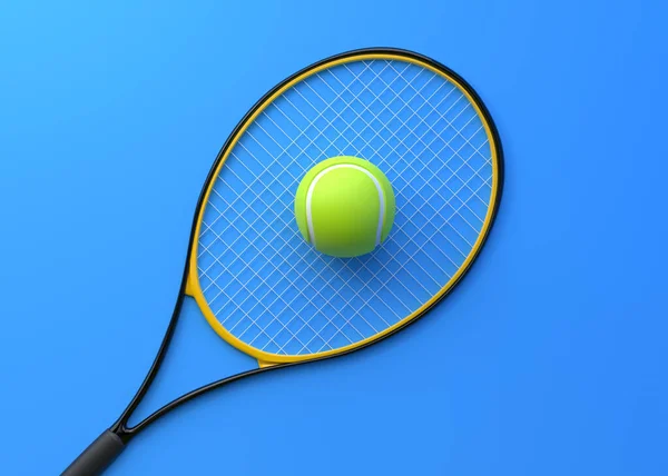 Tenis Raketi Mavi Arka Planda Tenis Topu Üst Manzara Resim — Stok fotoğraf