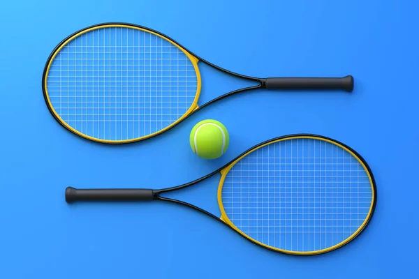 青い背景にテニスボール付きのテニスラケット 最上階だ 3Dレンダリングイラスト — ストック写真