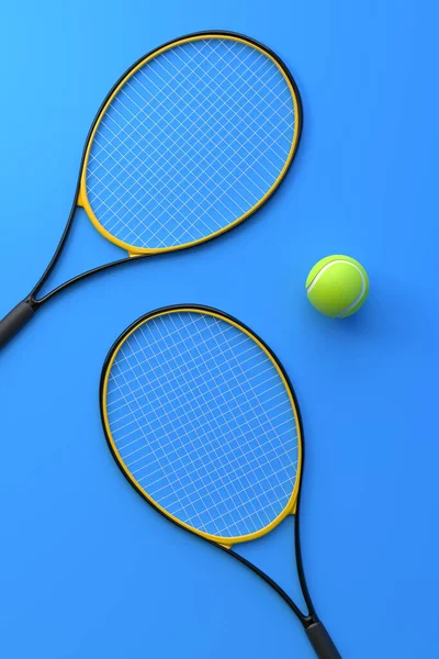 Raqueta Tenis Con Pelota Tenis Sobre Fondo Azul Vista Superior —  Fotos de Stock