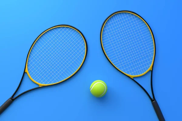 Racket Tenis Mingea Tenis Fundal Albastru Privire Sus Redare Ilustrație — Fotografie, imagine de stoc
