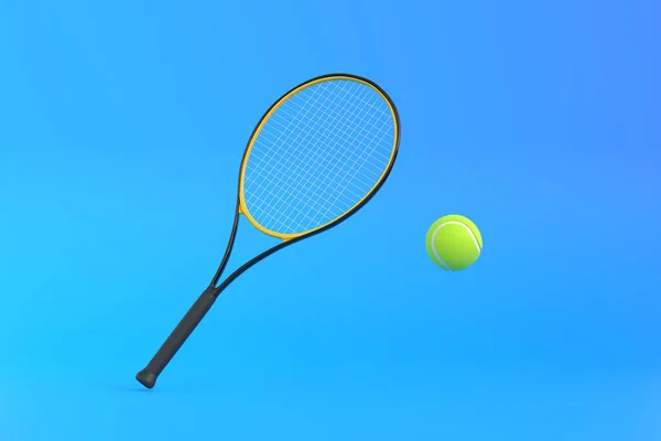 Tennisschläger Mit Tennisball Auf Blauem Hintergrund Frontansicht Darstellung — Stockfoto