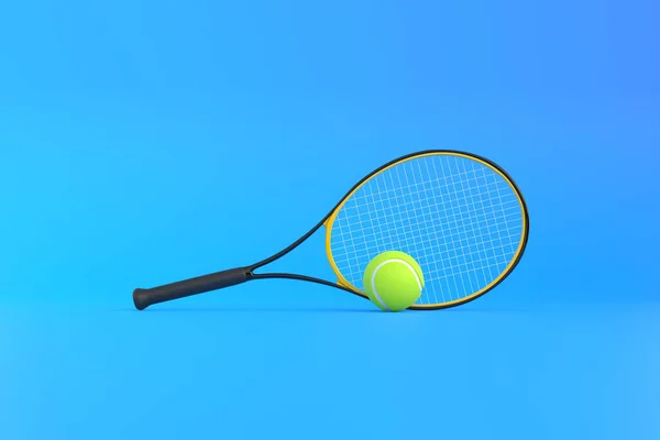 Tenisz Ütő Tenisz Labda Egy Kék Háttér Előre Nézz Renderelés — Stock Fotó