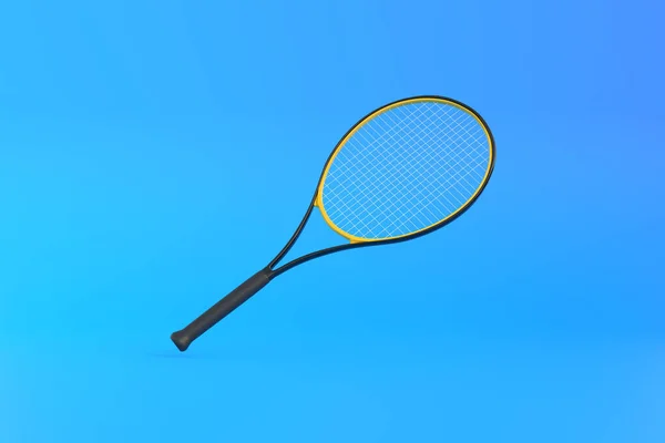 青い背景にテニスラケット 正面図 3Dレンダリングイラスト — ストック写真