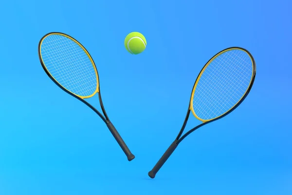 青い背景にテニスボール付きのテニスラケット 正面図 3Dレンダリングイラスト — ストック写真