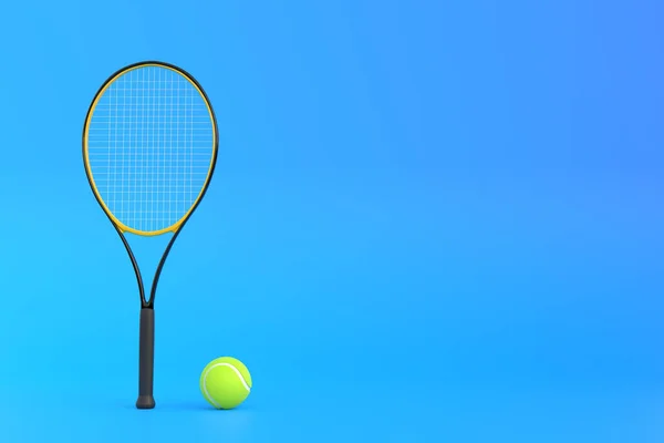 青い背景にテニスボール付きのテニスラケット 正面図 3Dレンダリングイラスト — ストック写真