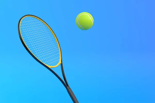 Raqueta Tenis Con Pelota Tenis Sobre Fondo Azul Vista Frontal —  Fotos de Stock