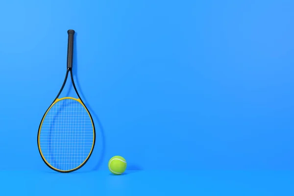Ρακέτα Τένις Ξαπλωμένη Μια Μπάλα Του Τένις Μπλε Φόντο Μπροστά — Φωτογραφία Αρχείου