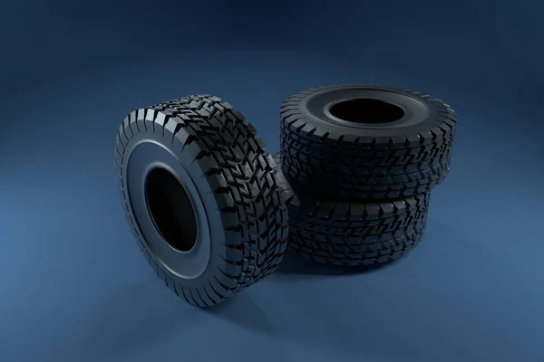 Tres Neumáticos Sobre Fondo Azul Oscuro Renderizado —  Fotos de Stock
