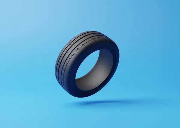 Ein Reifen Auf Blauem Grund Konzept Des Saisonalen Reifenwechsels Mit — Stockfoto
