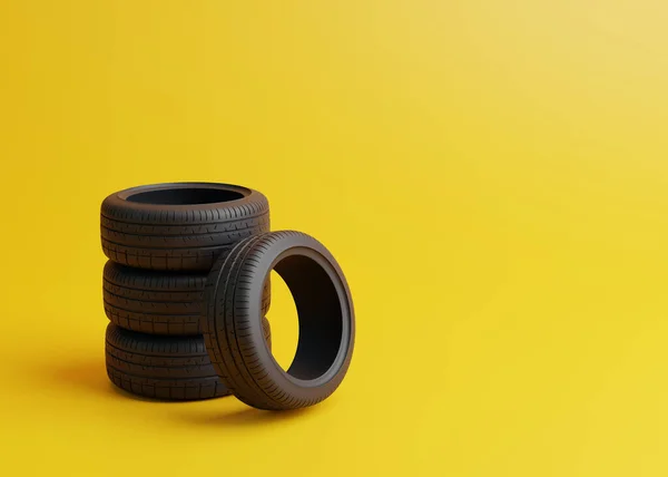 Montón Neumáticos Coche Sobre Fondo Amarillo Concepto Cambio Neumáticos Para —  Fotos de Stock