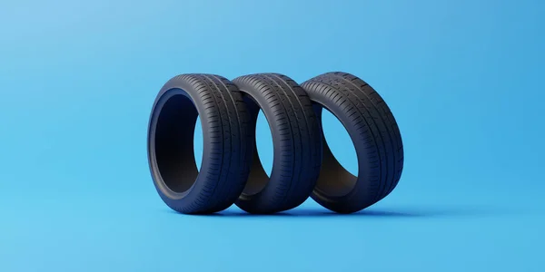 Neumáticos Goma Coche Sobre Fondo Azul Concepto Cambio Neumáticos Para —  Fotos de Stock