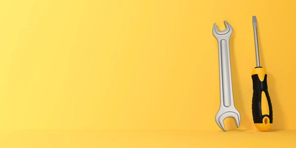 Moersleutel Schroevendraaier Een Gele Achtergrond Met Kopieerruimte Weergave Illustratie — Stockfoto