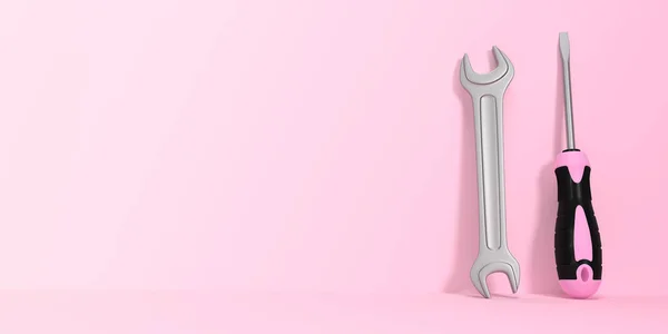 Wrench Schroevendraaier Een Roze Achtergrond Met Kopieerruimte Weergave Illustratie — Stockfoto