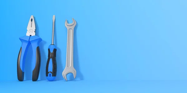Wrench Screwdriver Pliers Blue Background Copy Space Front View Minimal — Stock Photo, Image