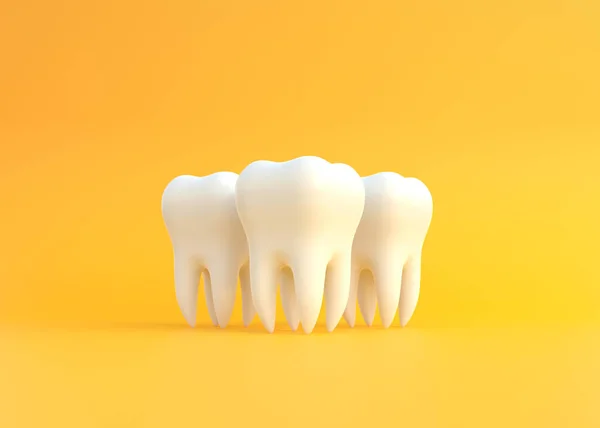 Tiga Gigi Putih Dengan Latar Belakang Kuning Konsep Pemeriksaan Gigi — Stok Foto