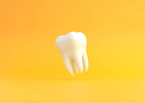 Bílý Zub Letí Žlutém Pozadí Pojetí Zubní Prohlídky Stomatologické Zdraví — Stock fotografie