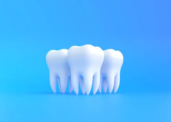 Drei Weiße Zähne Auf Blauem Hintergrund Konzept Der Zahnärztlichen Untersuchung — Stockfoto