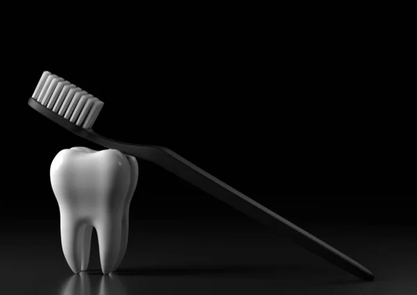 Zahnbürste Und Weißer Zahn Auf Schwarzem Hintergrund Konzept Der Zahnärztlichen — Stockfoto