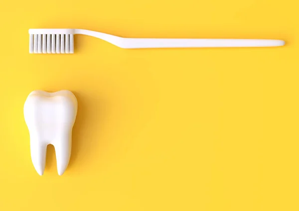 Toothbrush and white tooth on a yellow background. Concept of dental examination teeth, dental health and hygiene. 3d rendering illustration